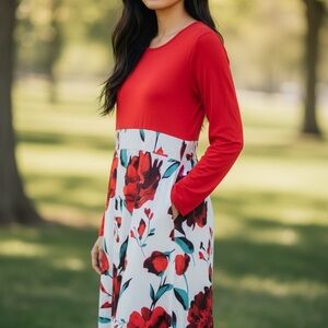 Chic Red and White Floral Long Sleeve Dress